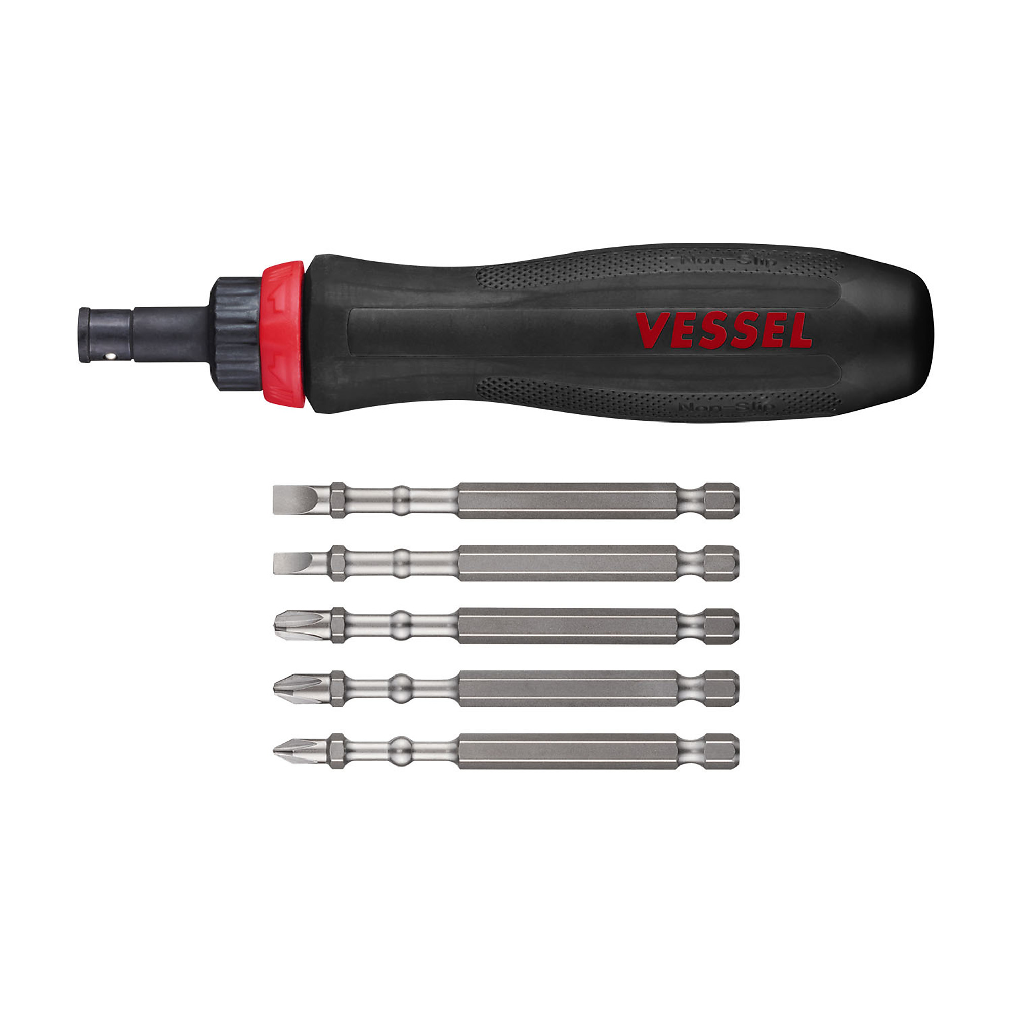 Vessel Megadora Ratchet Screwdriver - 5-Piece Bit Set, Non-Slip Ergonomic Handle, Impact Rated, Model# 900RT5PU